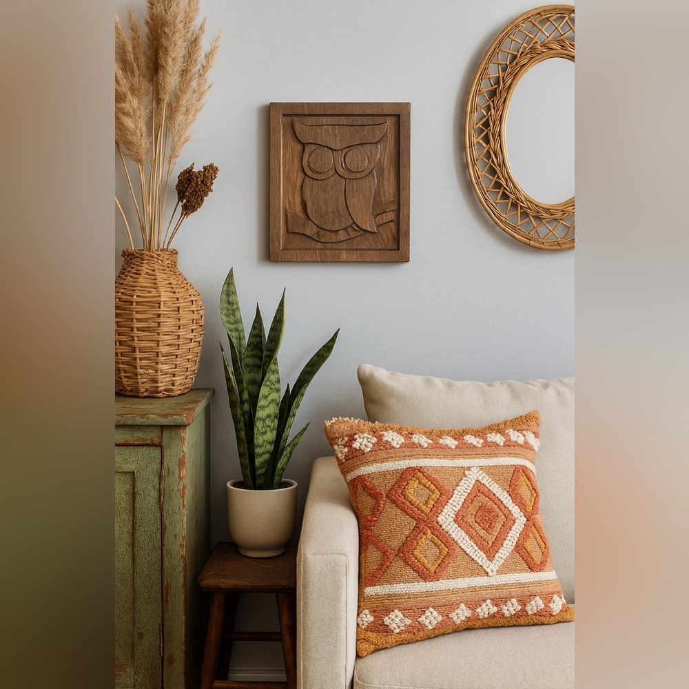 Vintage Hand-Carved Wooden Owl Wall Art Plaque – Rustic Mid-Century Style